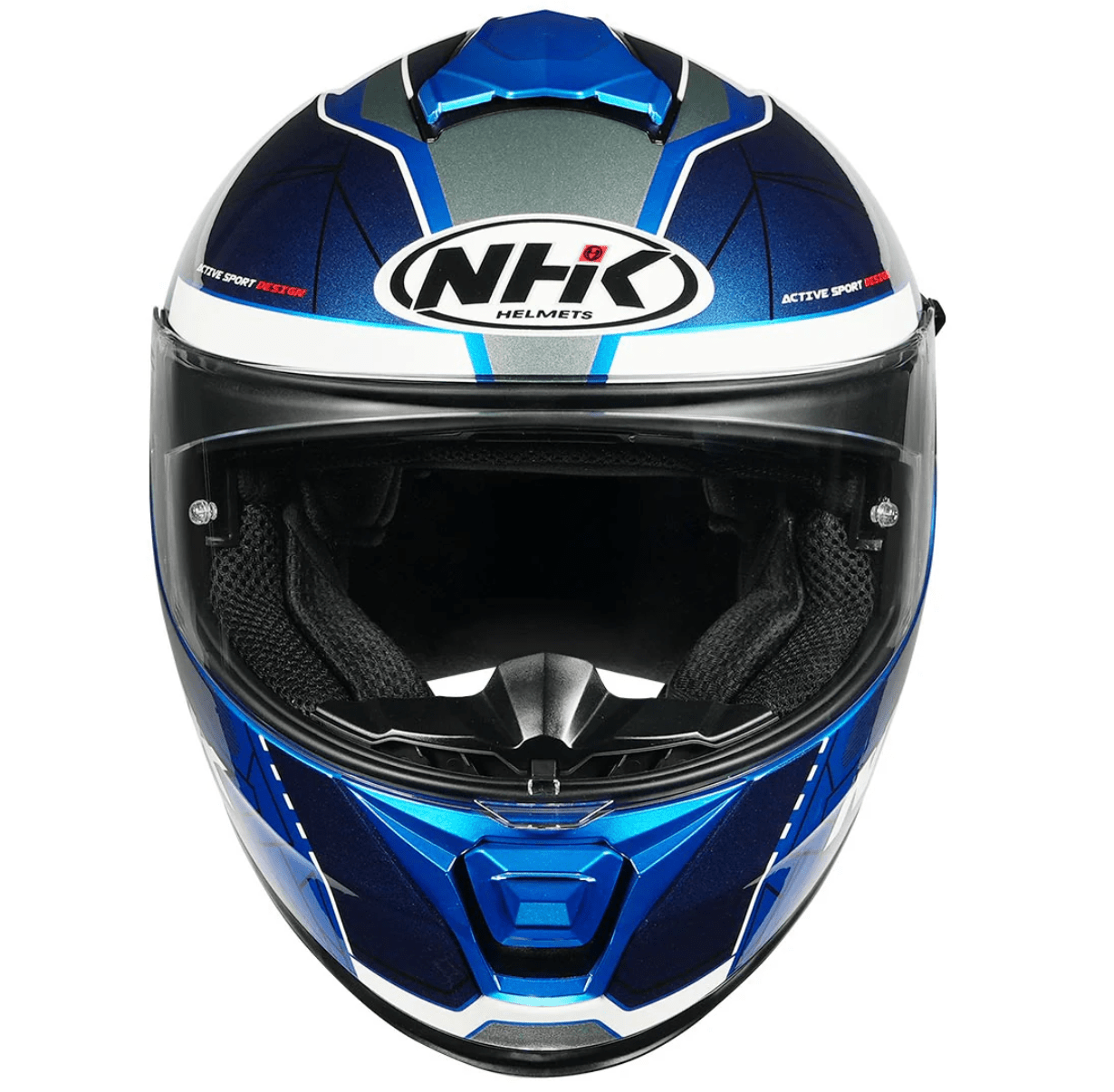 Motorcycle bllue with dark blue geometric graphic helmet by NHK 