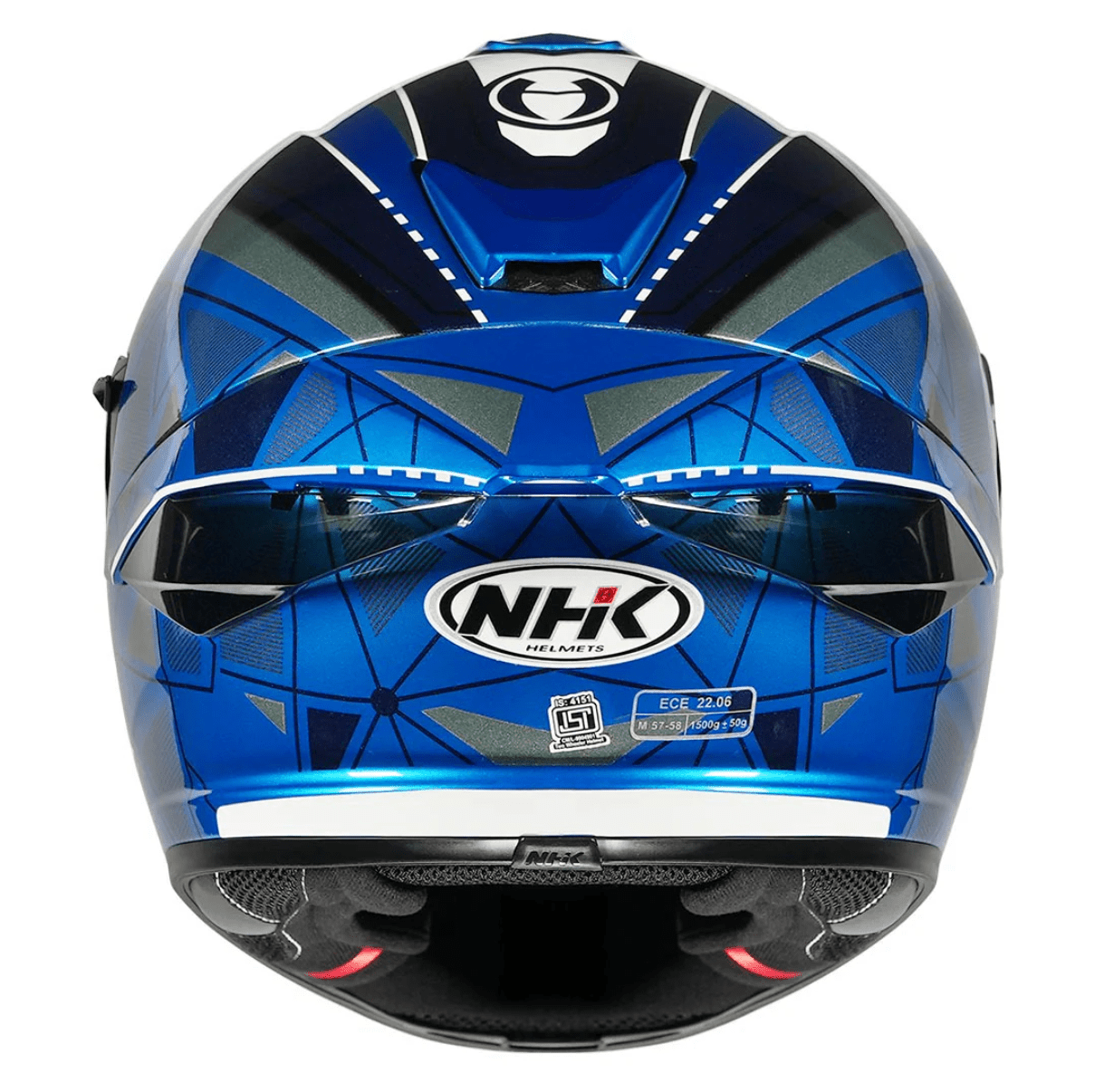 Motorcycle bllue with dark blue geometric graphic helmet by NHK 