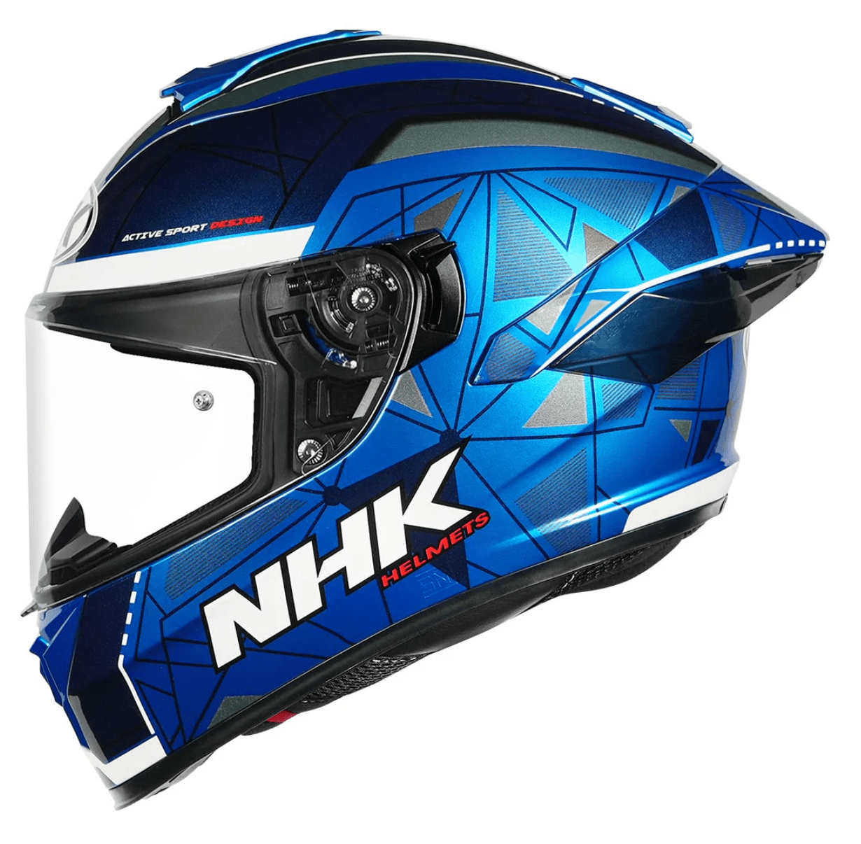 Motorcycle bllue with dark blue geometric graphic helmet by NHK 