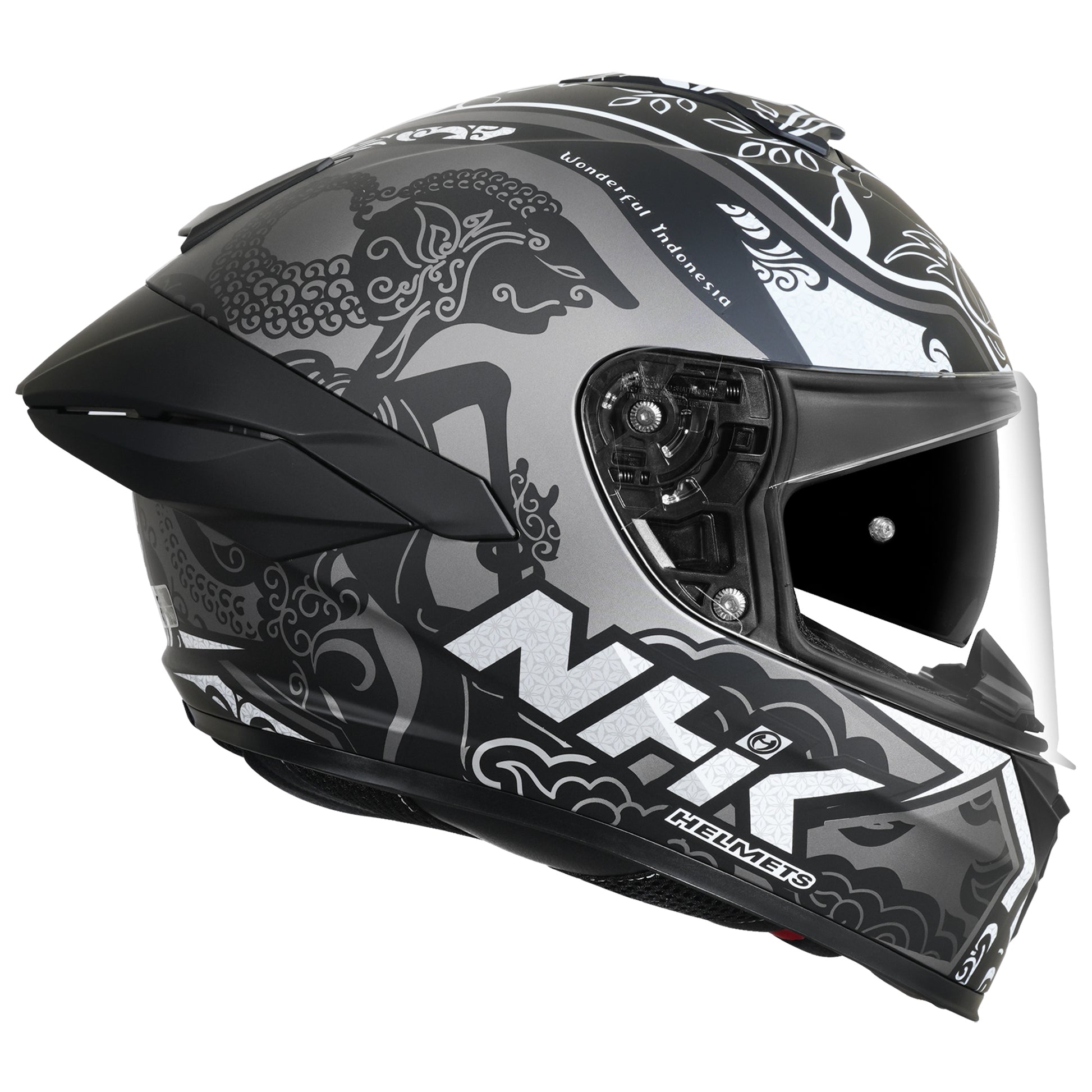Motorcycle black grey matt indo traditional decal helmet - dual visor