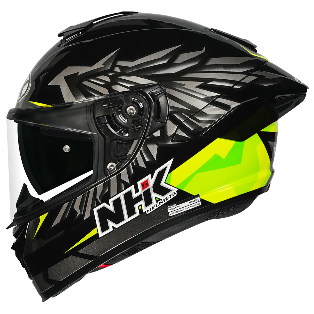 Motorcycle full face helmet glossy black neon yellow wing graphic - dual visor