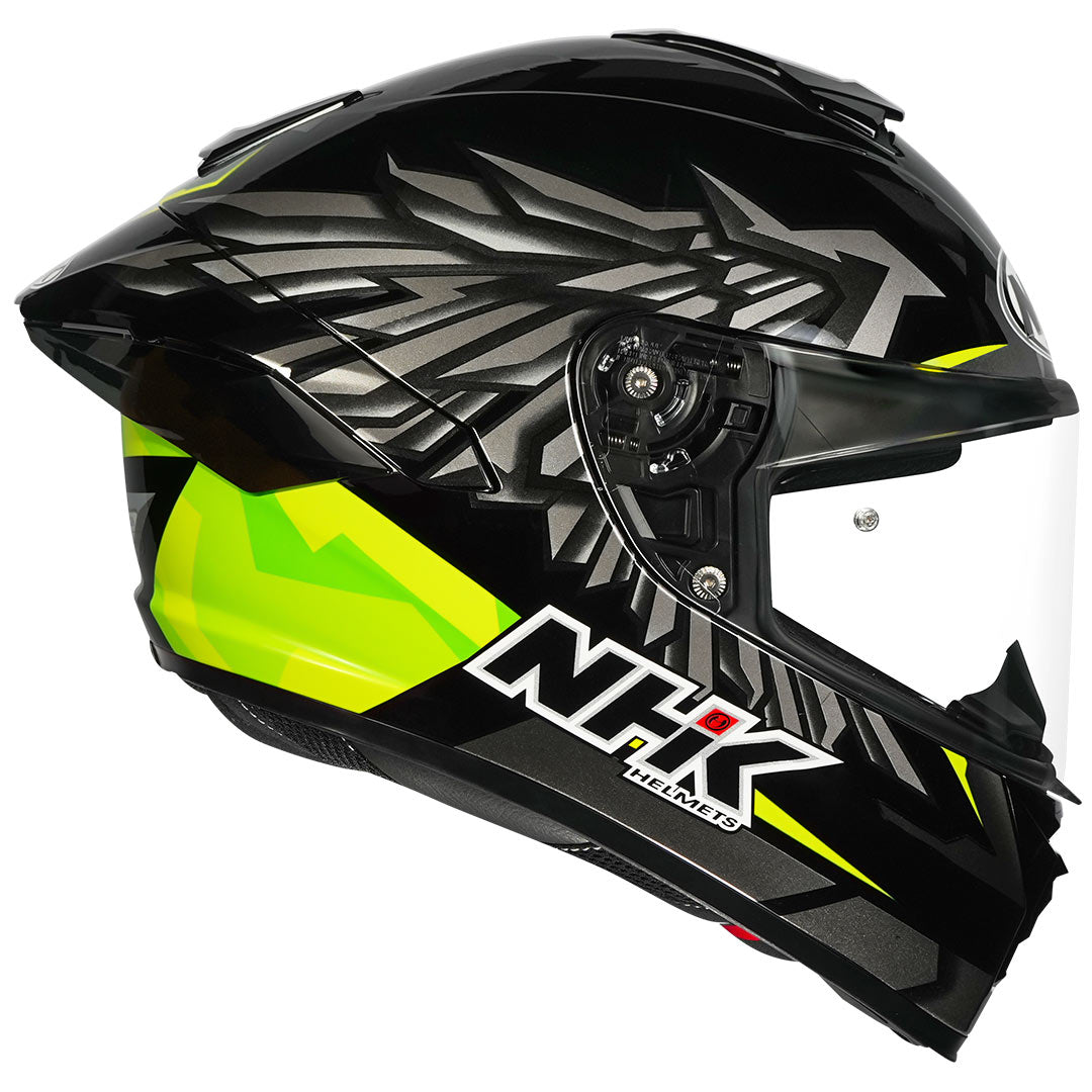 Motorcycle full face helmet glossy black neon yellow wing graphic - dual visor