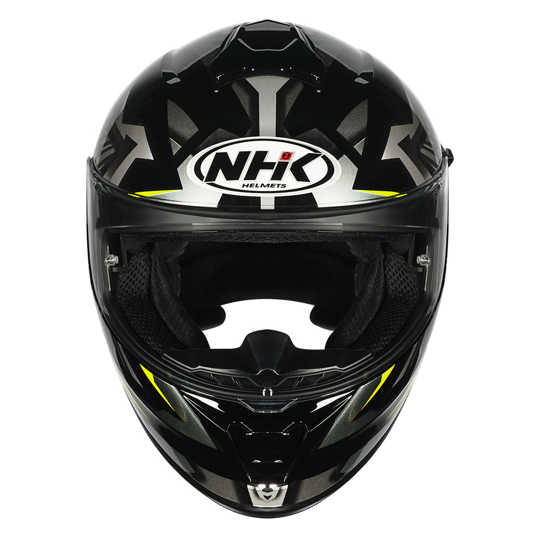 Motorcycle full face helmet glossy black neon yellow wing graphic - dual visor