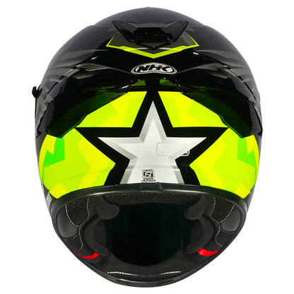 Motorcycle full face helmet glossy black neon yellow wing graphic - dual visor