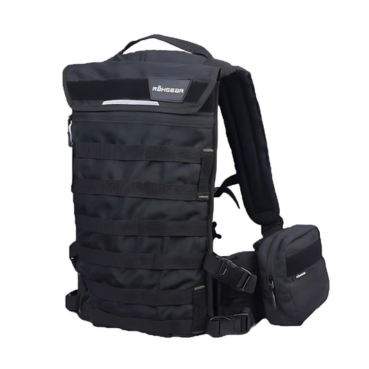 Motorcycle hydration pack black with attached hip pouch 