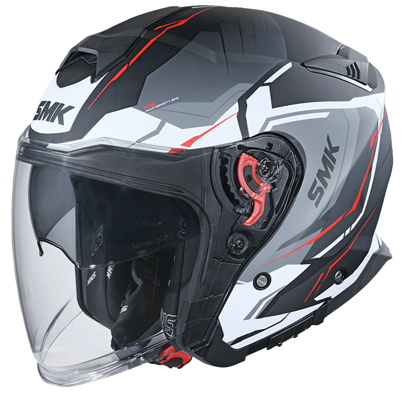 Motorcycle open face helmet gloss black grey red White sun visor 