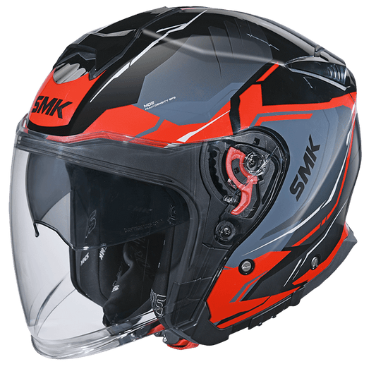 Motorcycle open face helmet gloss black grey red sun visor 