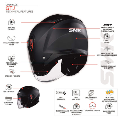 Motorcycle open face helmet with sun visor SMK GTJ features
