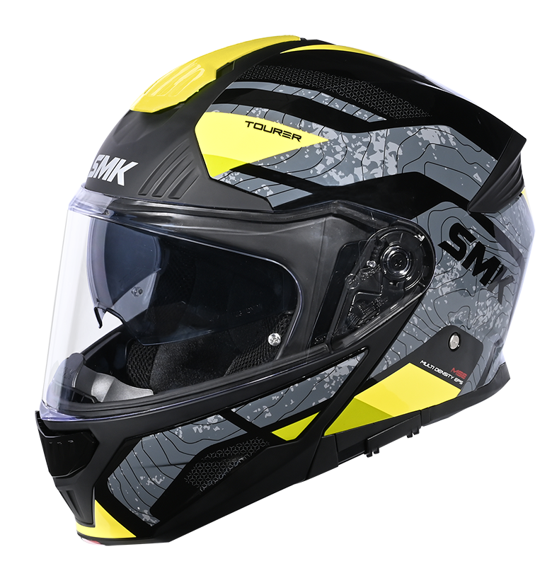 Motorcycle gloss black grey yellow camo-like pattern  modular helmet with drop down sun-visor