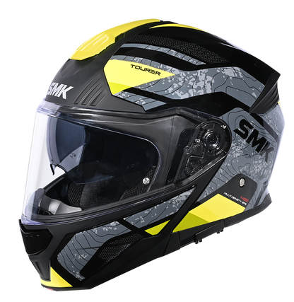 Motorcycle gloss black grey yellow camo-like pattern  modular helmet with drop down sun-visor
