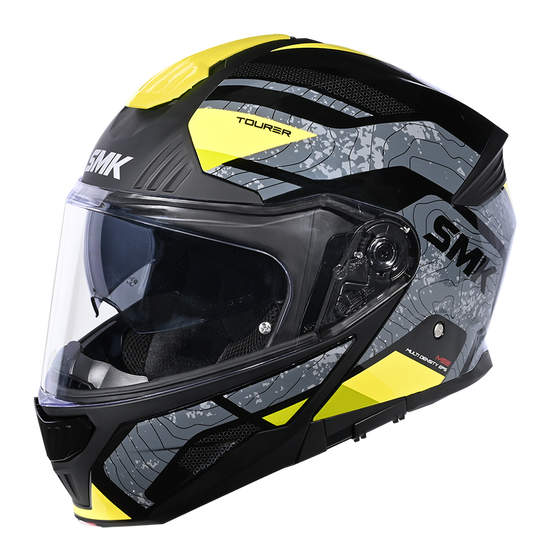Motorcycle gloss black grey yellow camo-like pattern  modular helmet with drop down sun-visor