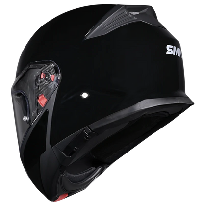 Motorcycle gloss black modular helmet with drop down sun-visor