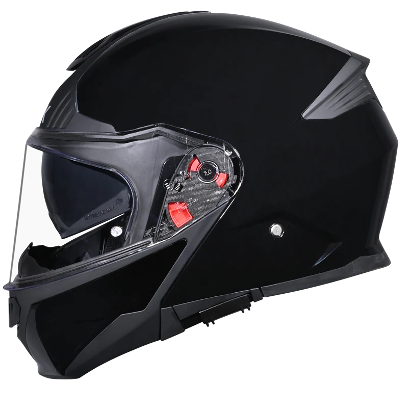 Motorcycle gloss black modular helmet with drop down sun-visor