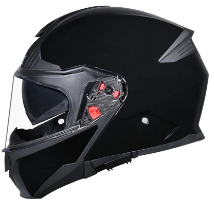 Motorcycle gloss black modular helmet with drop down sun-visor
