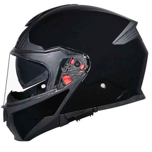Motorcycle gloss black modular helmet with drop down sun-visor