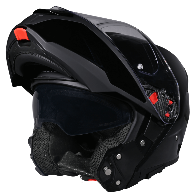 Motorcycle gloss black modular helmet with drop down sun-visor