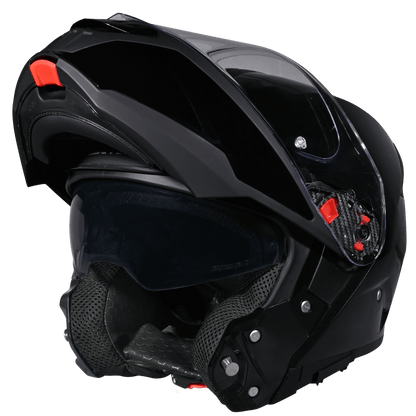 Motorcycle gloss black modular helmet with drop down sun-visor