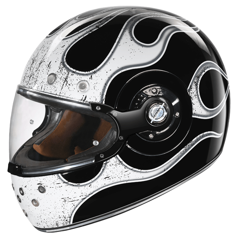 Motorcycle full face retro style helmet glossy white fire black