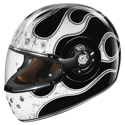 Motorcycle full face retro style helmet glossy white fire black