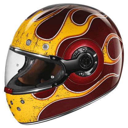Motorcycle full face retro style helmet glossy yellow fire red