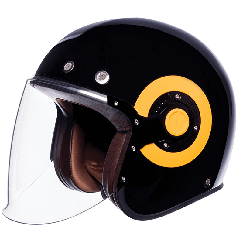 Motorcycle glossy black with yellow side ring open face helmet 