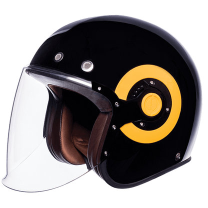 Motorcycle glossy black with yellow side ring open face helmet 