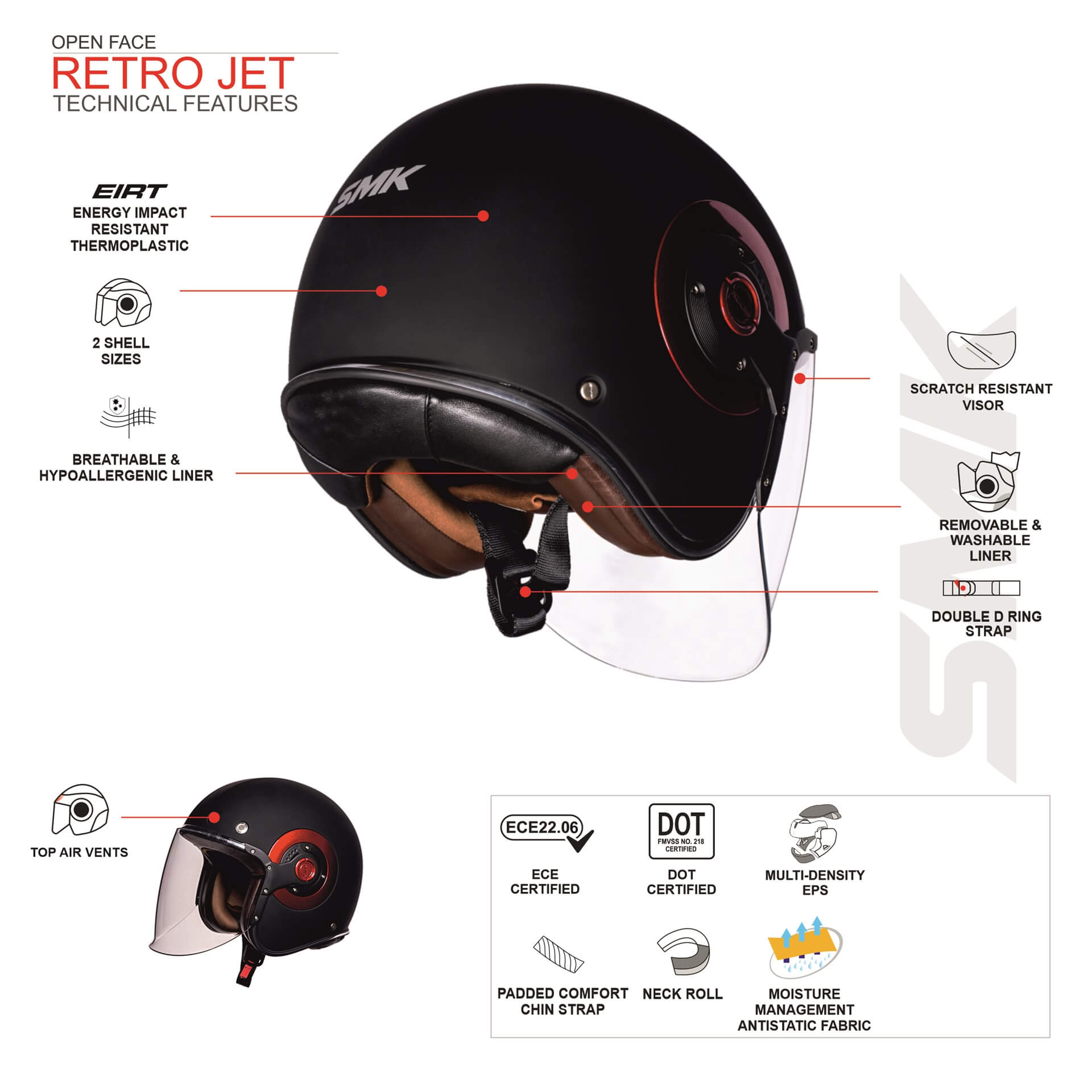 motorcycle open face retro style helmet smk retro jet specifications