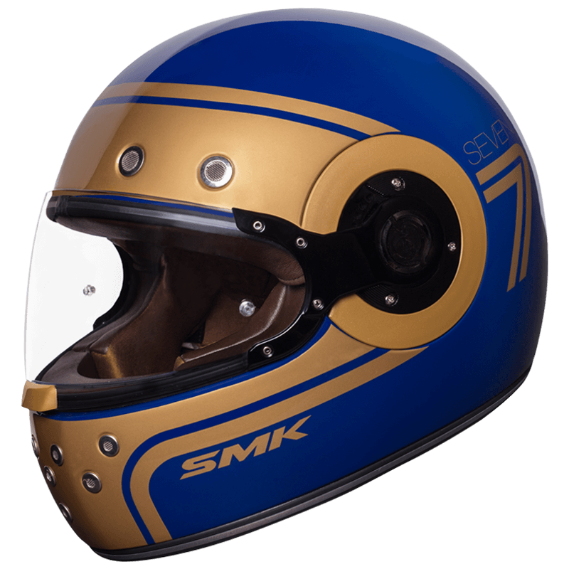 Motorcycle full face retro style helmet glossy blue gold 