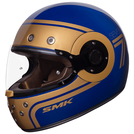Motorcycle full face retro style helmet glossy blue gold 