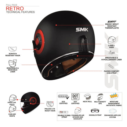 Motorcycle full face helmet retro style options - technical features