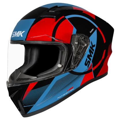 Motorcycle full face helmet blue with black and red circular pattern 