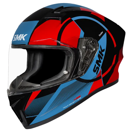 Motorcycle full face helmet blue with black and red circular pattern 