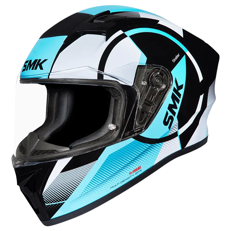 Motorcycle full face helmet light blue with white and black circular pattern