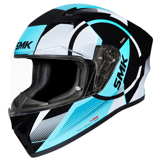 Motorcycle full face helmet light blue with white and black circular pattern