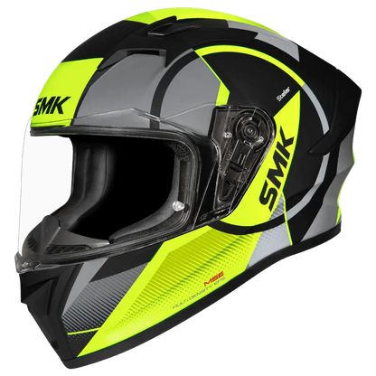 Motorcycle full face helmet black with grey and light green circular pattern 