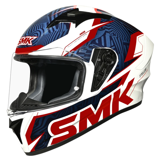 Motorcycle full face helmet white with geometric pattern black with dark blue with red border