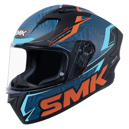 Motorcycle full face helmet glossy dark blue with geometry pattern with light blue, orange and black outline