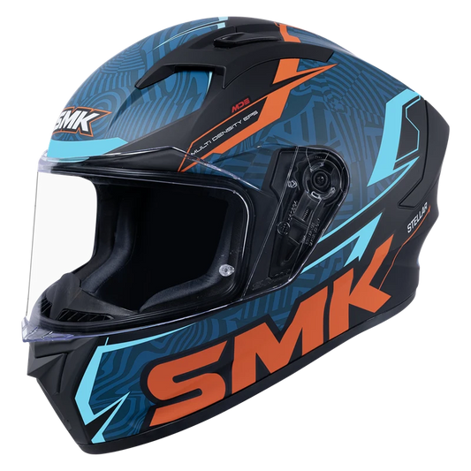 Motorcycle full face helmet glossy dark blue with geometry pattern with light blue, orange and black outline