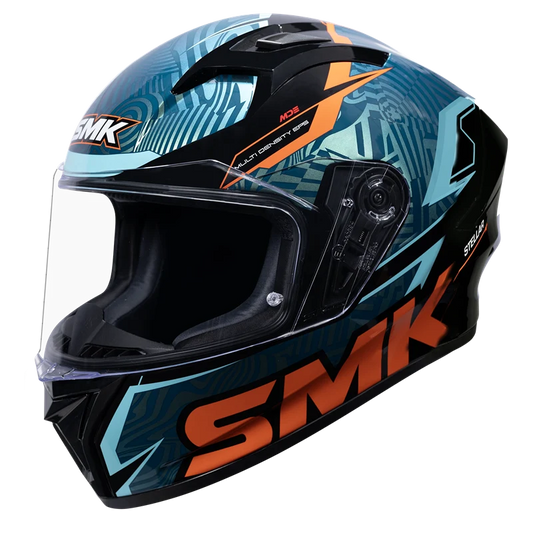 Motorcycle full face gloss shades of blue colour variants with orange and black outlook