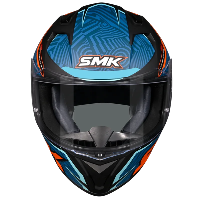 Motorcycle full face helmet glossy dark blue with geometry pattern with light blue, orange and black outline