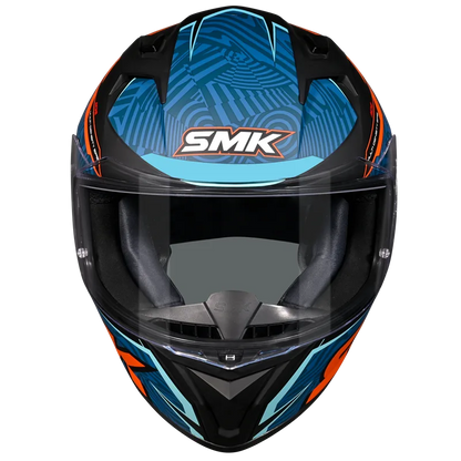 Motorcycle full face helmet glossy dark blue with geometry pattern with light blue, orange and black outline