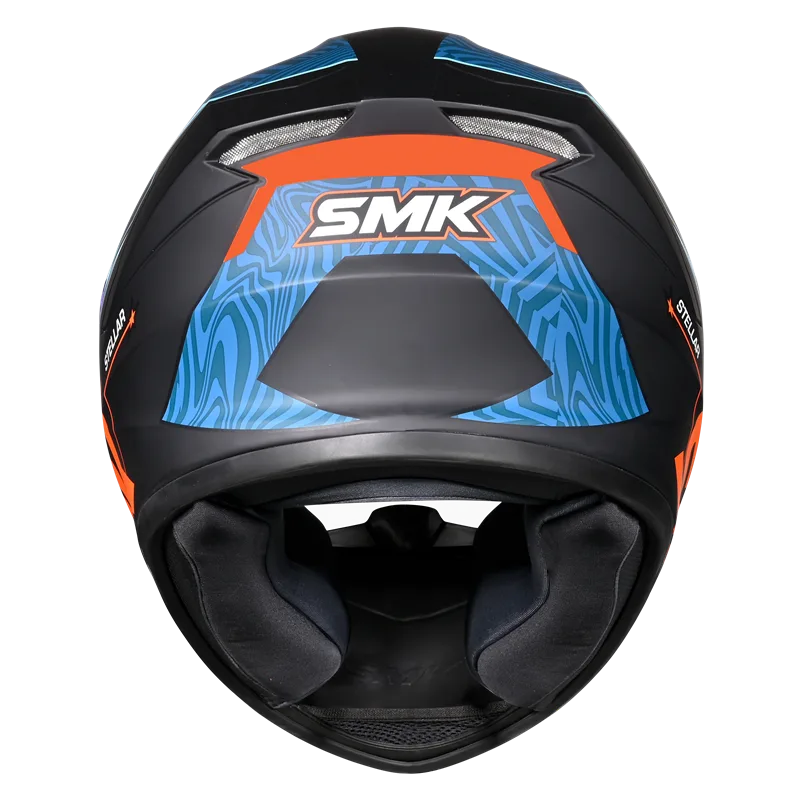 Motorcycle full face helmet glossy dark blue with geometry pattern with light blue, orange and black outline