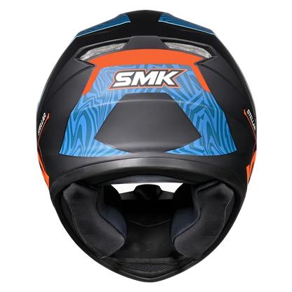 Motorcycle full face helmet glossy dark blue with geometry pattern with light blue, orange and black outline