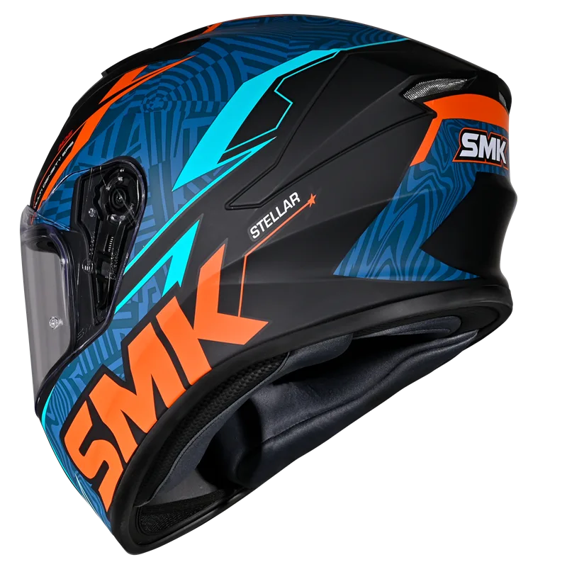 Motorcycle full face helmet glossy dark blue with geometry pattern with light blue, orange and black outline
