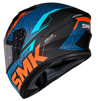 Motorcycle full face helmet glossy dark blue with geometry pattern with light blue, orange and black outline
