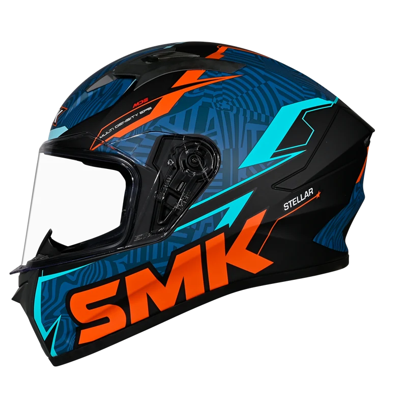 Motorcycle full face helmet glossy dark blue with geometry pattern with light blue, orange and black outline
