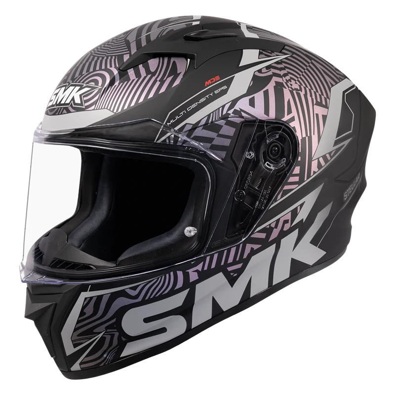 Motorcycle full face helmet gloss black with violet mild gradient pattern with white outline