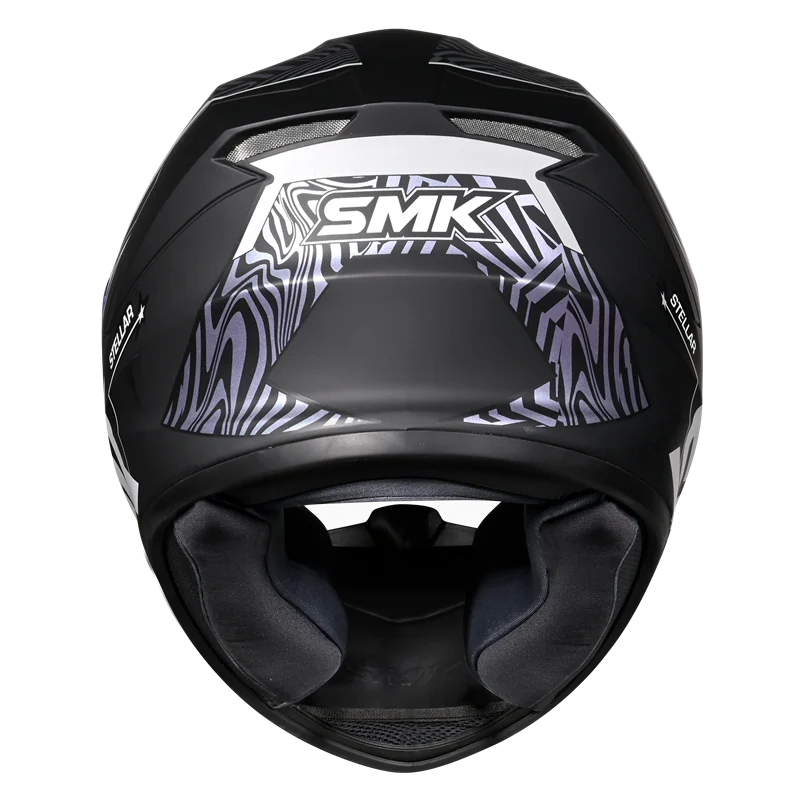 Motorcycle full face helmet gloss black with violet mild gradient pattern with white outline