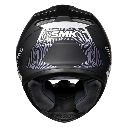 Motorcycle full face helmet gloss black with violet mild gradient pattern with white outline