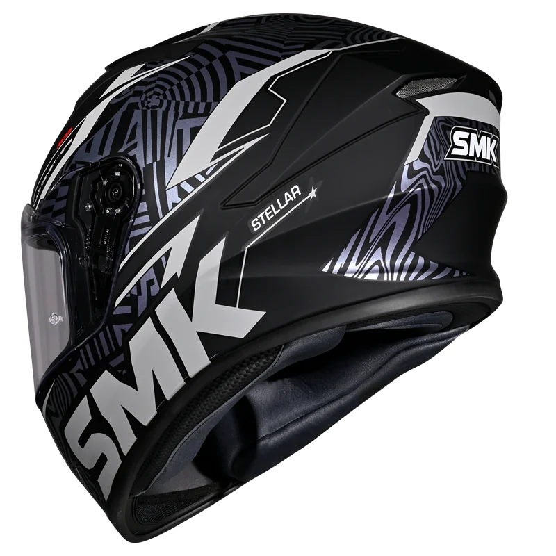 Motorcycle full face helmet gloss black with violet mild gradient pattern with white outline